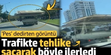 Trafikte 'pes' dedirten görüntü! Yolun yarısını kaplayarak malzeme taşıdı