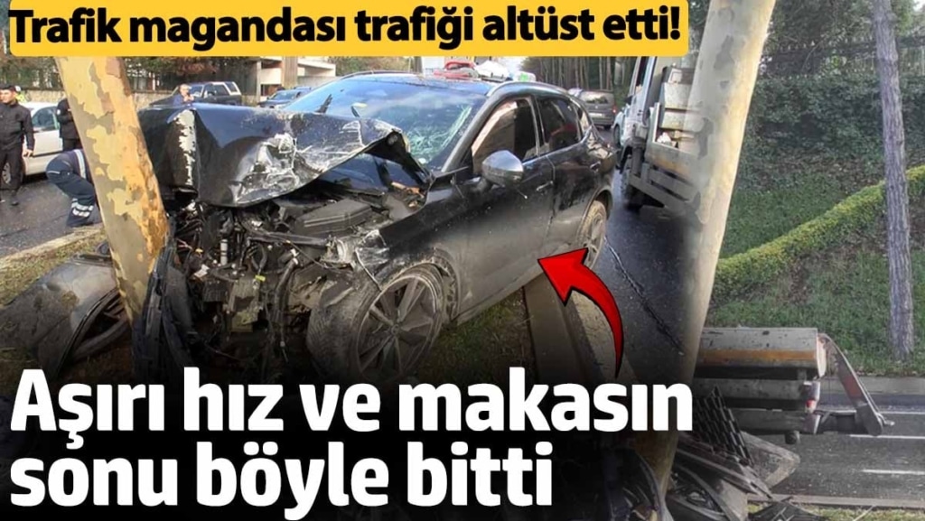 Sarıyer'de aşırı hız ve makasın sonu böyle bitti! Önce 2 otomobile sonra ağaca çarparak durabildi